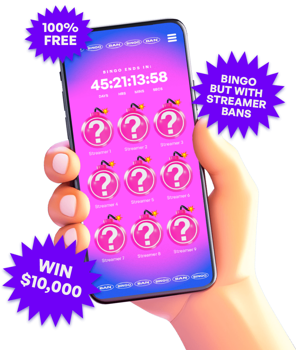 100% Free, Bingo but with streamers, win $10000. Illustrated picture of a hand holding a phone displaying the app.